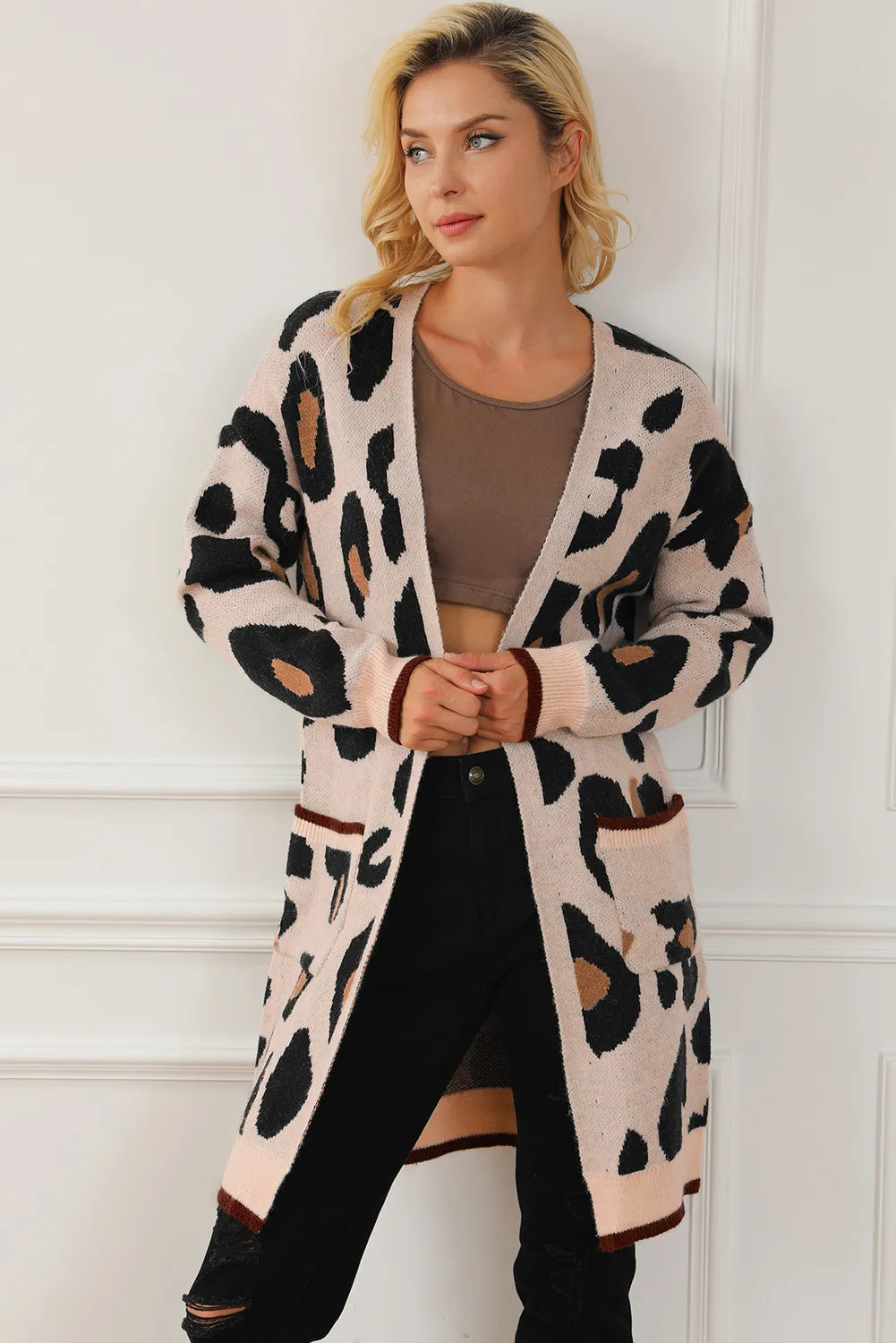 LEOPARD OPEN FRONT LONG CARDIGAN