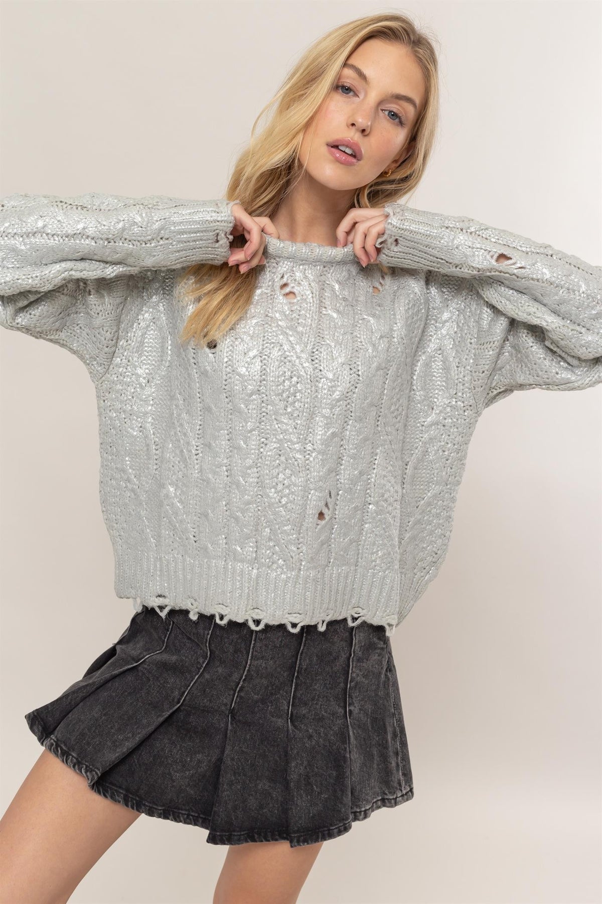 JANELLE DISTRESSED CABLE-KNIT SWEATER